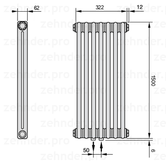 Схема (чертеж) Радиатор Zehnder Charleston 2150/7 №5410 Белый глянцевый RAL 9016